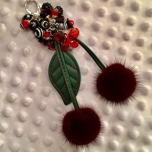 BEST Mink PomPom Cherries & Leather Leaf Keychain!